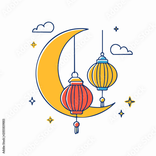 Crescent Moon with Hanging Lanterns and Stars