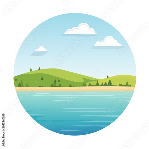 Landscape Illustration with Lake and Hills