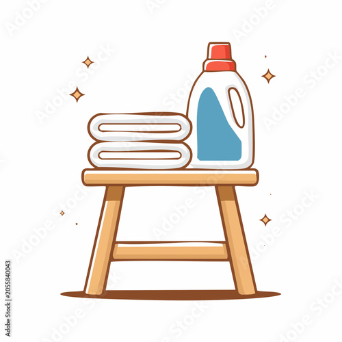 Laundry Detergent Bottle and Clean Towels on a Stool