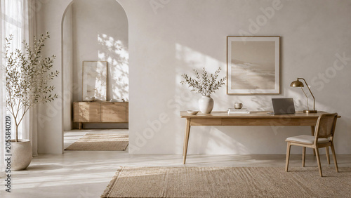 aesthetic beige living room with sofa painting desk laptop workspace calm modern setup home office wallpaper background work remote interior design