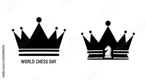 Schilderij op canvas Black Crown Icons with Chess Knight and World Chess Day Text