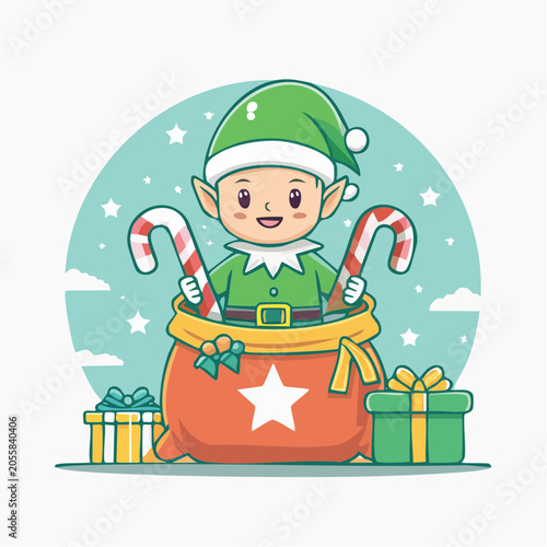 Cute Christmas Elf in a Gift Bag with Candy Canes and Presents