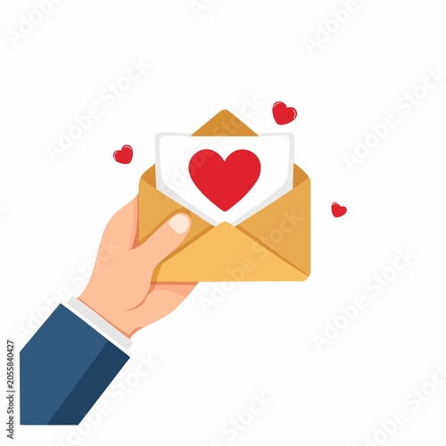 Hand Holding Open Envelope with Red Heart Card and Floating Hearts