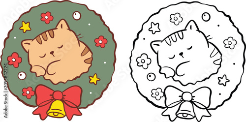 Sleeping Christmas Cat in Wreath Vector Clipart Set, Color and Outline