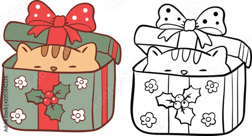 Christmas Cat in Gift Box Vector Clipart Set, Color and Outline