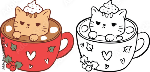 Christmas Cat in Hot Cocoa Mug Vector Clipart Set, Color and Outline