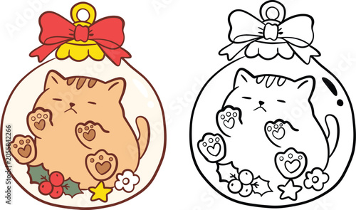 Christmas Cat in Ornament Vector Clipart Set, Color and Outline