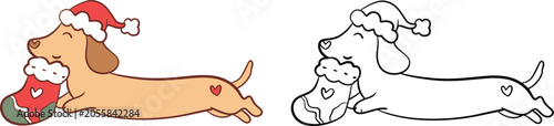Christmas Dachshund Carrying Stocking Vector Clipart Set, Color and Outline