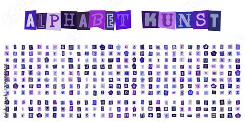 Fotografie ALPHABET KUNST, lila Erpresserbrief Buchstaben Set, ausgeschnittene Zeitungsbuch