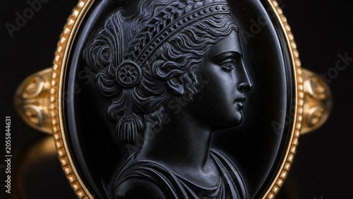  Classical onyx gemstone ring with an intricately carved Greek goddess intaglio. event programs, museum guides, designed for cultural heritage projects and event programs.