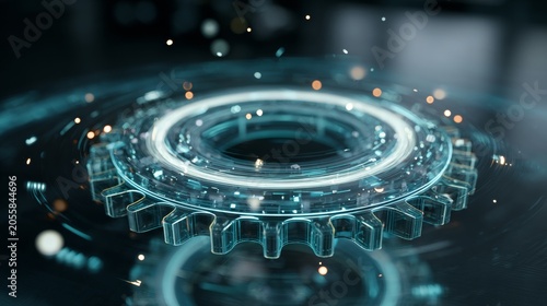 Futuristic gear hologram with cyan glow and abstract digital motion on dark background