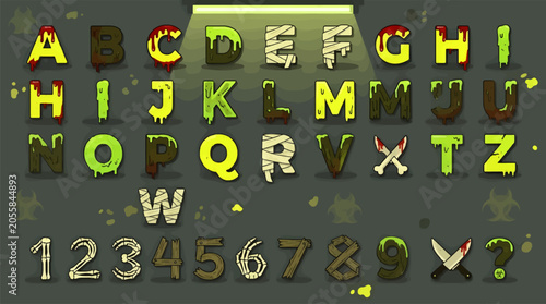 Φωτογραφία Halloween Zombie Alphabet Font with Numbers and Symbols, Dripping Blood and Slim