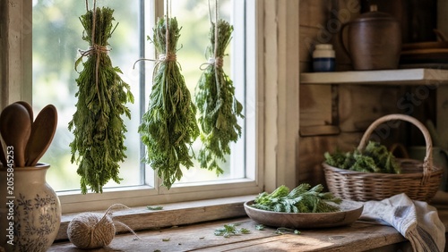Rustic kitchen windowsill with bundles of drying lovage herbs on a wooden surface in soft afternoon light. menu design.