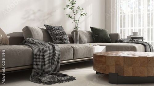 Modern, luxury living room with gray L shape sofa, wooden coffee table on hardwood floor in sunlight from sheer curtain for minimal interior design decoration, product background 3D