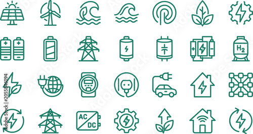 Foto A comprehensive set of green energy vector icons featuring sustainable power sou