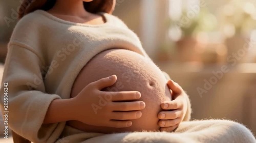 Pregnant woman cradling her belly lovingly.