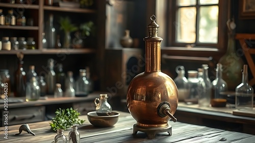 alembic. Vintage copper alembic still on a wooden workbench in an alchemist's workshop with a blurred background. STEM education sheets.