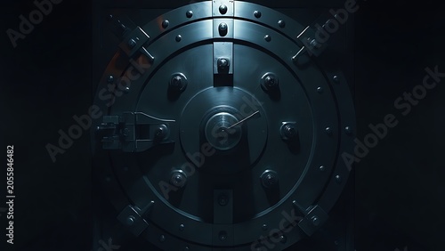 impregnable. A massive steel vault door with a narrow slit of light escaping from the seam in a dark room. real-estate listings.