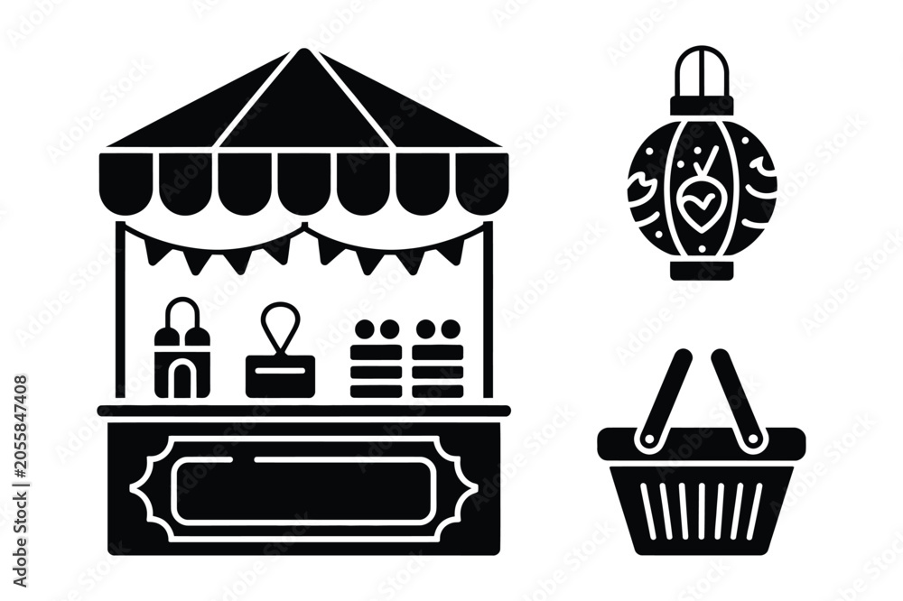 Obraz premium Traditional market stall icon set with shopping basket and hanging lantern, shopping