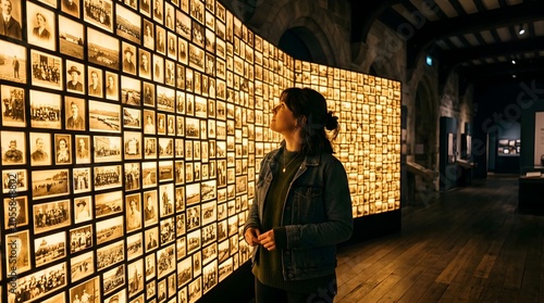 Woman Observing Illuminated Historical Photographic Wall Display in Museum