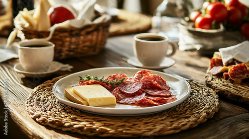 Rustic breakfast table with salami slices cheese and coffee breakfast beverage delicious appetizer charcuterie lifestyle traditional homemade
