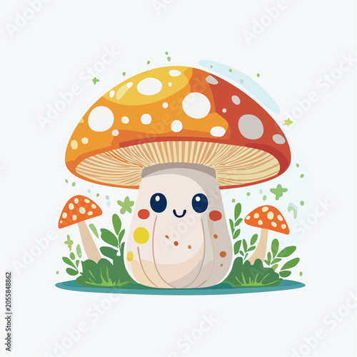 Cute Kawaii Mushroom Character with Spots and Leaves