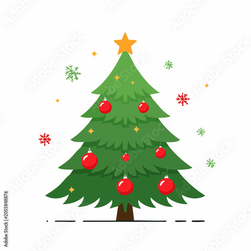 Flat Design Christmas Tree with Ornaments and Snowflakes