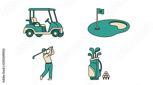 A set of flat icons representing various golf sport elements