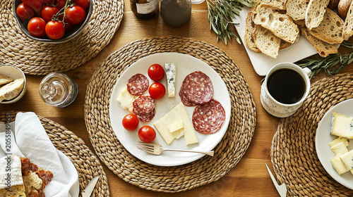 Top down view of artisanal salami slices and cheese appetizers arranged on rustic dining table with charcuterie appetizer breakfast delicious