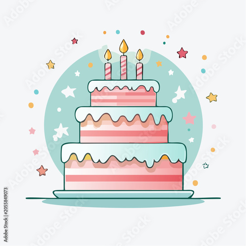 Three Tier Birthday Cake with Candles and Confetti