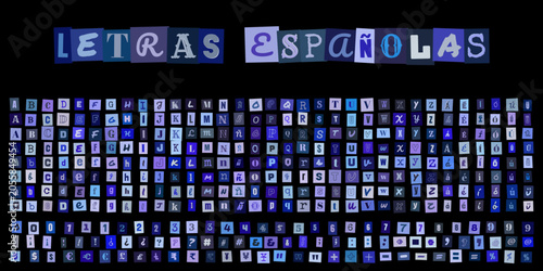 Photos LETRAS ESPAÑOLAS, conjunto de letras recortadas estilo nota de rescate, alfabeto