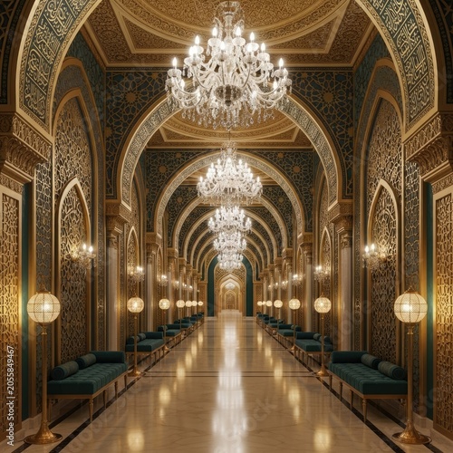 Elegant hallway with chandeliers and ornate archways in a luxurious interior