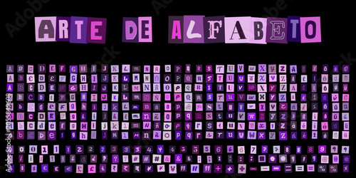 Konstfotografi ARTE DE ALFABETO con letras estilo collage morado para diseno grafico creativo,