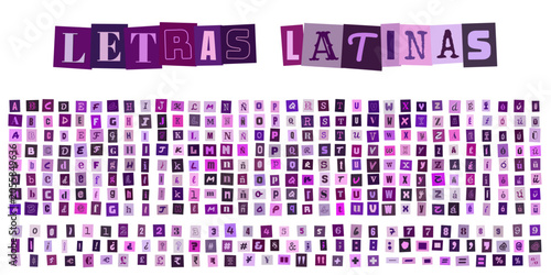 Fotografie Letras Latinas, abecedario estilo collage de recortes de revista en tonos morado