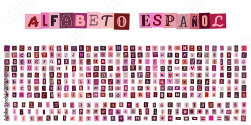 Tableau sur toile Alfabeto Espanol, letras y numeros estilo collage de recortes de revista para di
