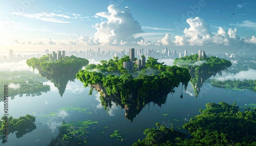 Lush green floating islands carrying futuristic buildings, hovering over a mirrored water surface with a modern city skyline in the background.