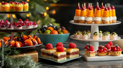 Elegant buffet spread featuring elaborate mini desserts and fruit displays desserts pastries catering celebration appetizers delicious culinary