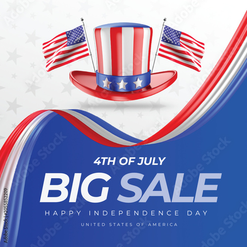 4th of July Big Sale Banner with Uncle Sam Hat and American Flags