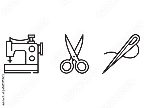 Sewing machine scissors and needle icons for sewing and crafting  essential tools for textile art and fashion design