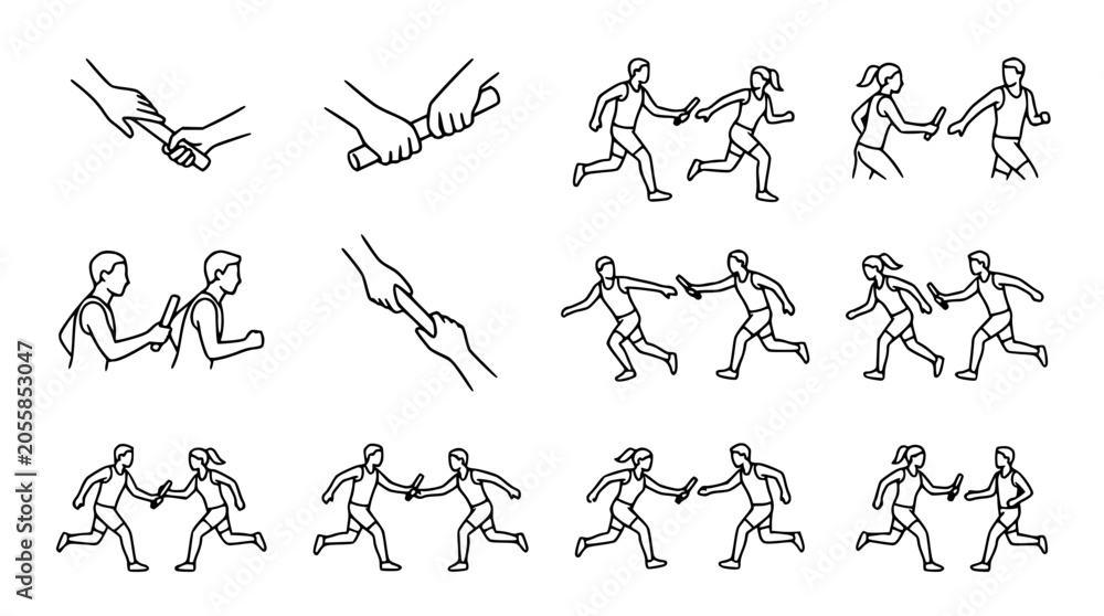 Naklejka premium Relay Race Hand-off Icons: Athletes Passing Baton in Sprint Competition