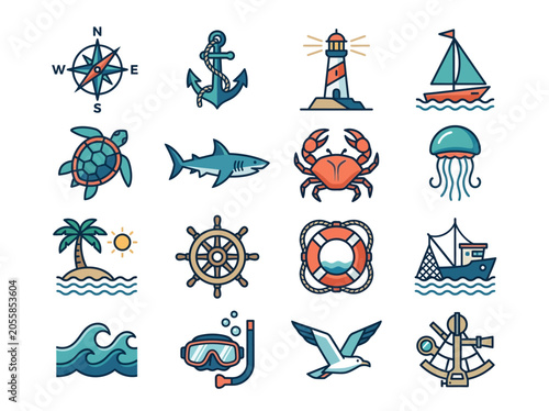 Canvas Print Nautical and Marine Icon Set Featuring Ocean Animals and Sailing Gear