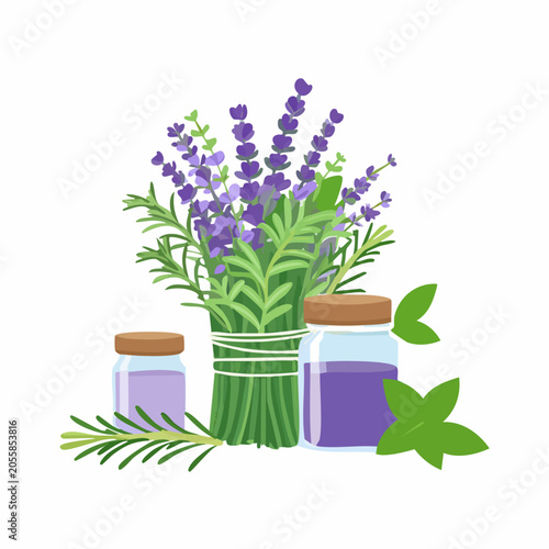 Lavender bouquet with essential oil bottles and green leaves.
