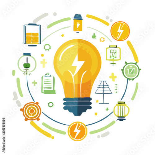 Lightbulb Surrounded by Energy and Technology Icons.