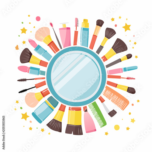 Makeup Brushes and Cosmetics Arranged Around a Mirror with Stars.