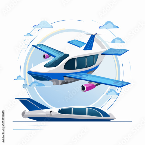 Modern airplane soaring through the sky with clouds.