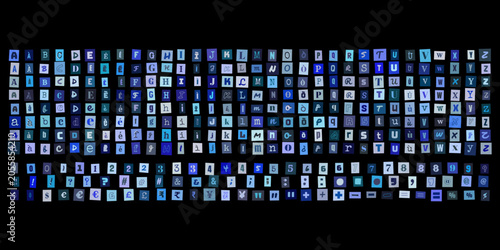 Schilderij op canvas Alfabeto blu stile collage ritagli di giornale, lettere e numeri per design crea