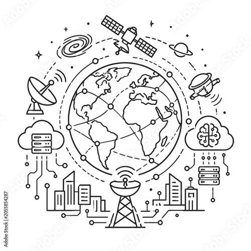 Tableau sur toile Global Digital Connectivity Concept Illustration with Earth Satellite and Cloud