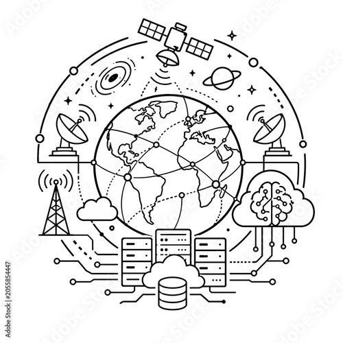 Εκτύπωση καμβά Global communication network line art illustration with satellite cloud computin