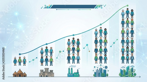 Infographic illustration showing population growth over time with people and buildings