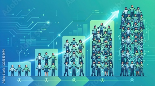 Illustration of people stacking in a bar graph on a blue green background